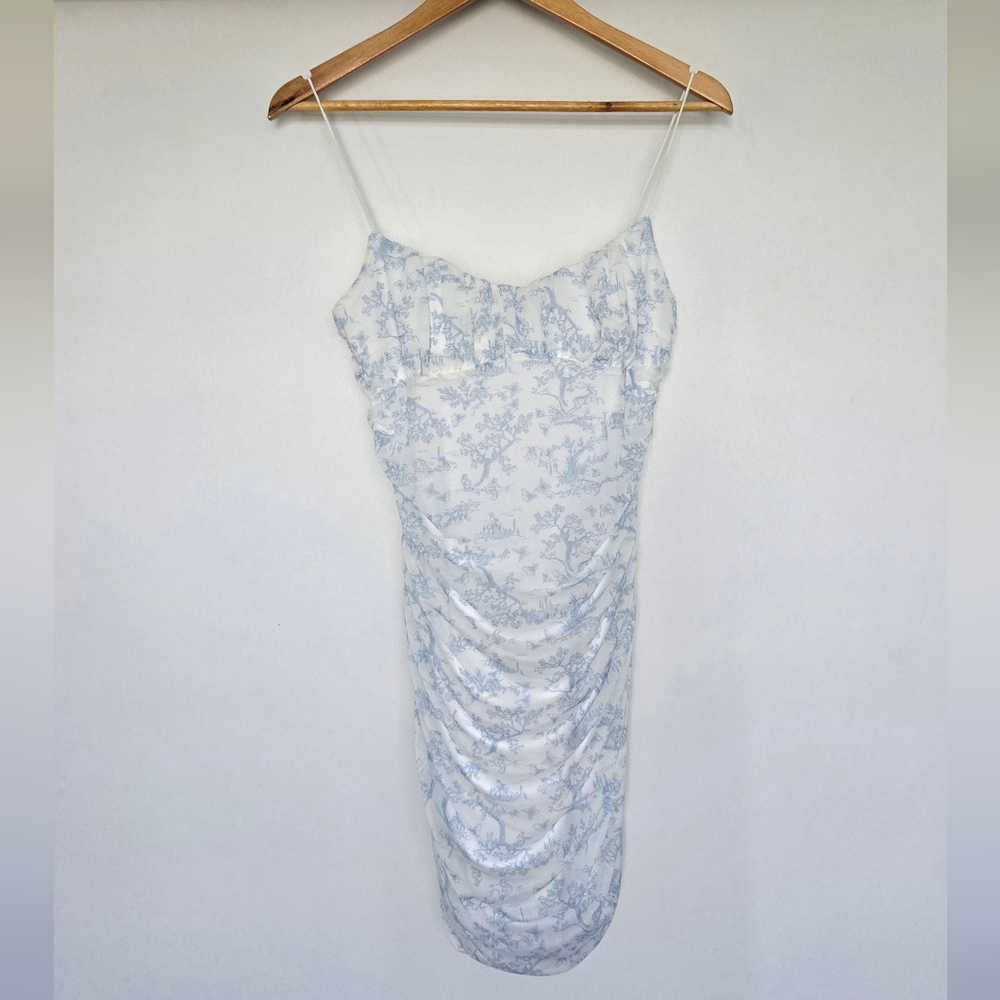 Garage Rachel Ruched Mini Dress Women's Size Medium In White With Blue Print